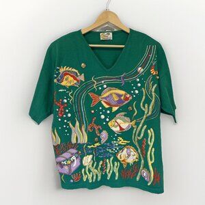 Vtg Copa Cabana  Womens T shirt L Green Fish Underwater Treasure 80s Embellished